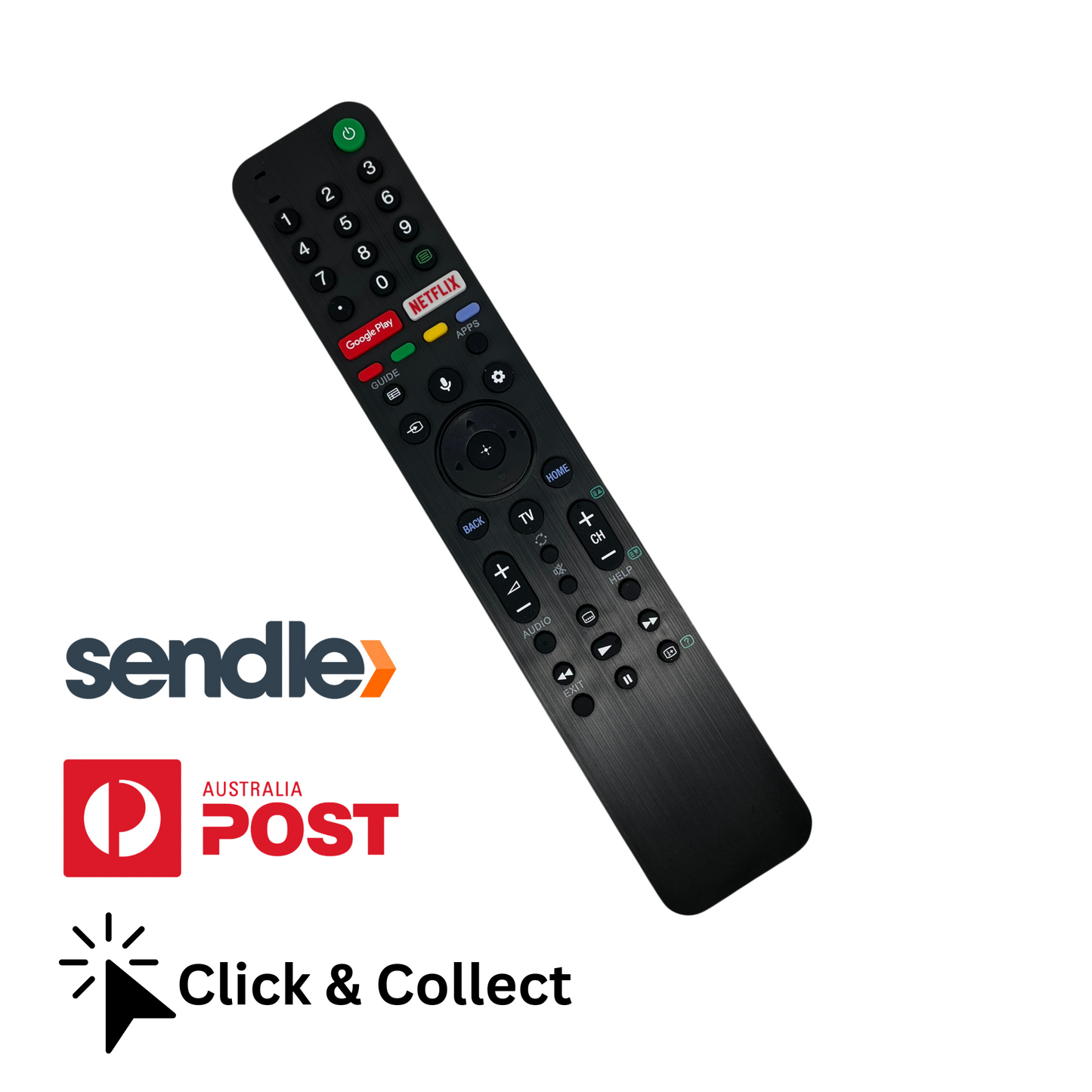 A black Sony remote control with numeric keypad and various function buttons, displayed with the Sendle and Australia Post logos, indicating the remote is for Australian use.
